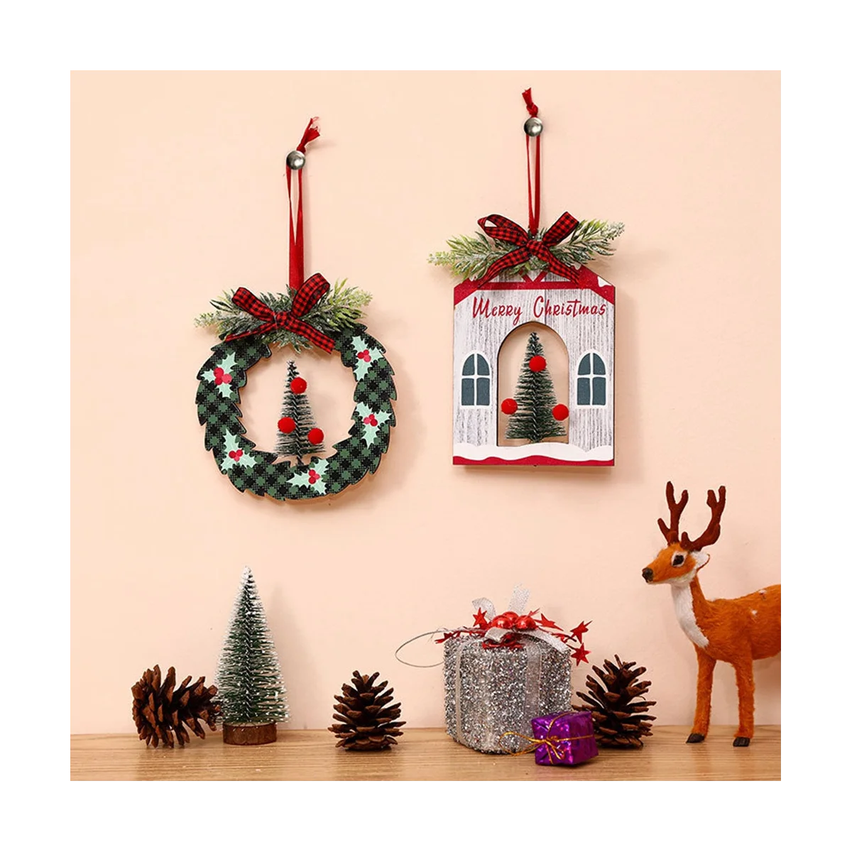 Paquete de 4 adornos navideños, decoraciones colgantes de madera para fiestas navideñas, suministros para fiestas