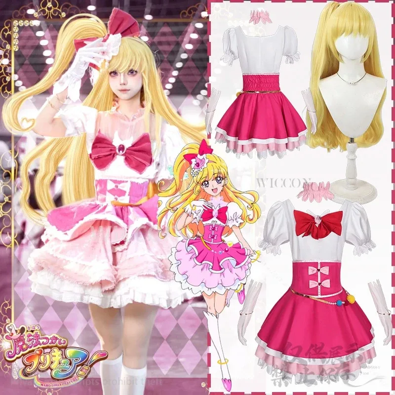 25COSMaho Girls Precure! تأثيري Asahina Mirai أنيمي علاج معجزة زي جميل لطيف كعكة فستان الوردي جيراي كي الفتيات الباروكات Custo