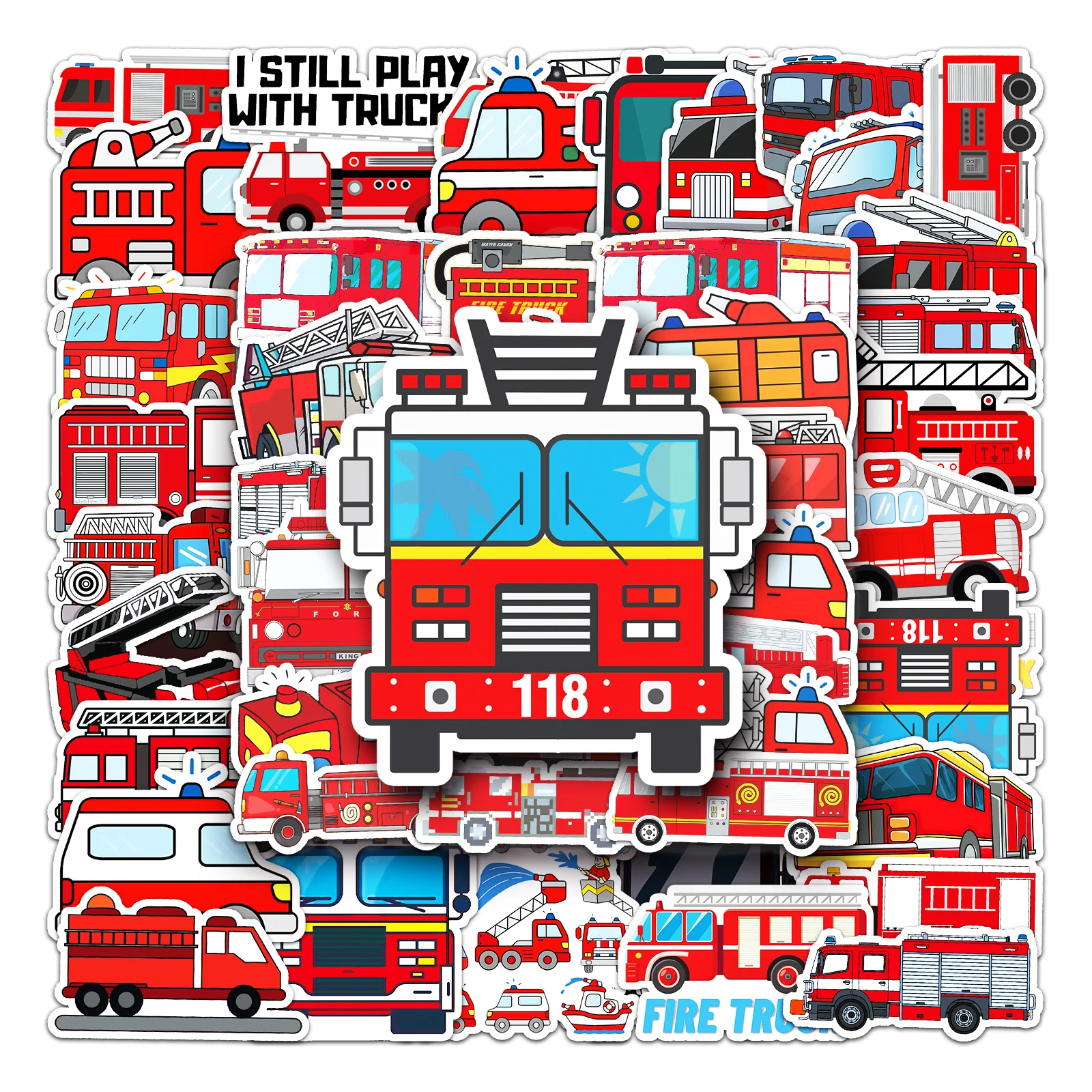 50Pcs Fire truck series Cartoon Cute Waterproof Sticker Skateboarding Snowboard Retro Vinyl Sticker