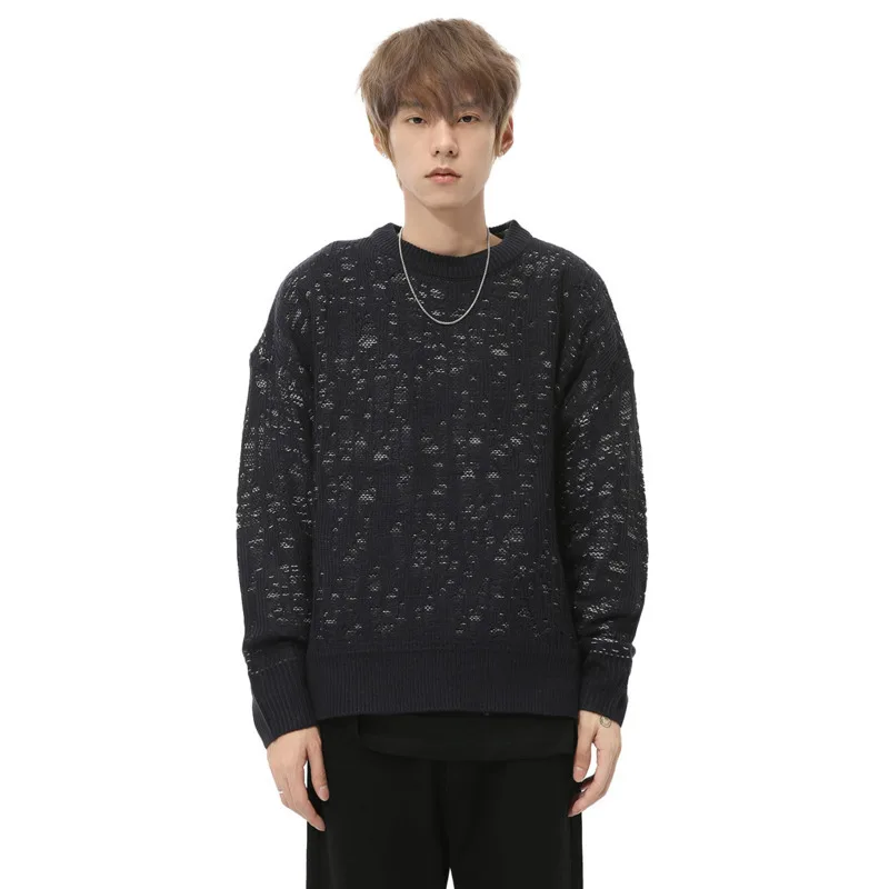 Korean Style Men's Pullover Knits Hollow Out Round Collar Loose Menswear Casual Knitting Casual Male Sweater Simple