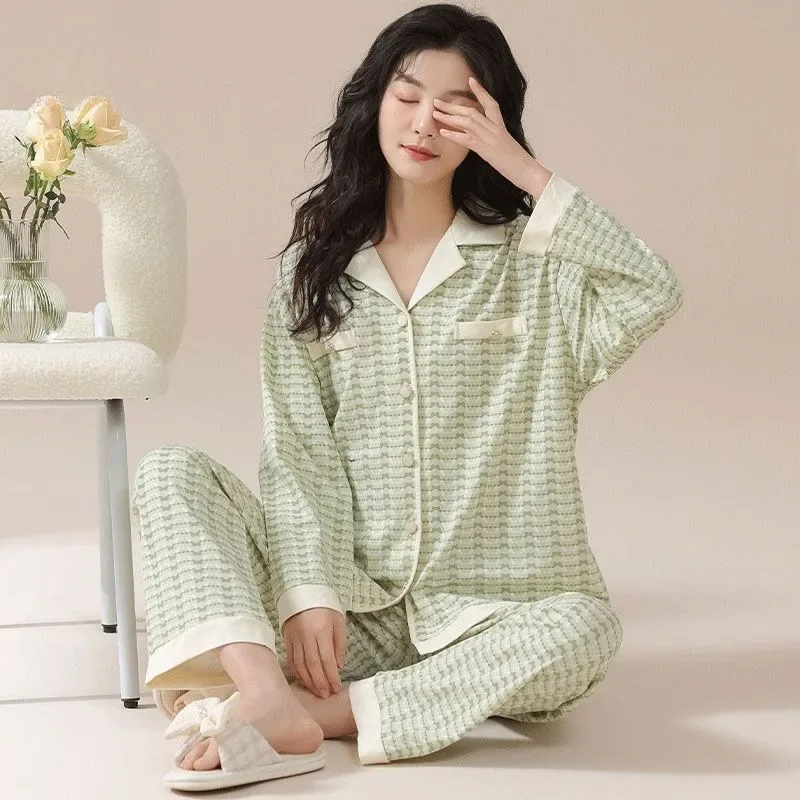 Spring and Fall Models of Women's Pajamas Suit Elegant Soft Cotton Lapel Cardigan Long-sleeved Sleepwear New Korean Homewear