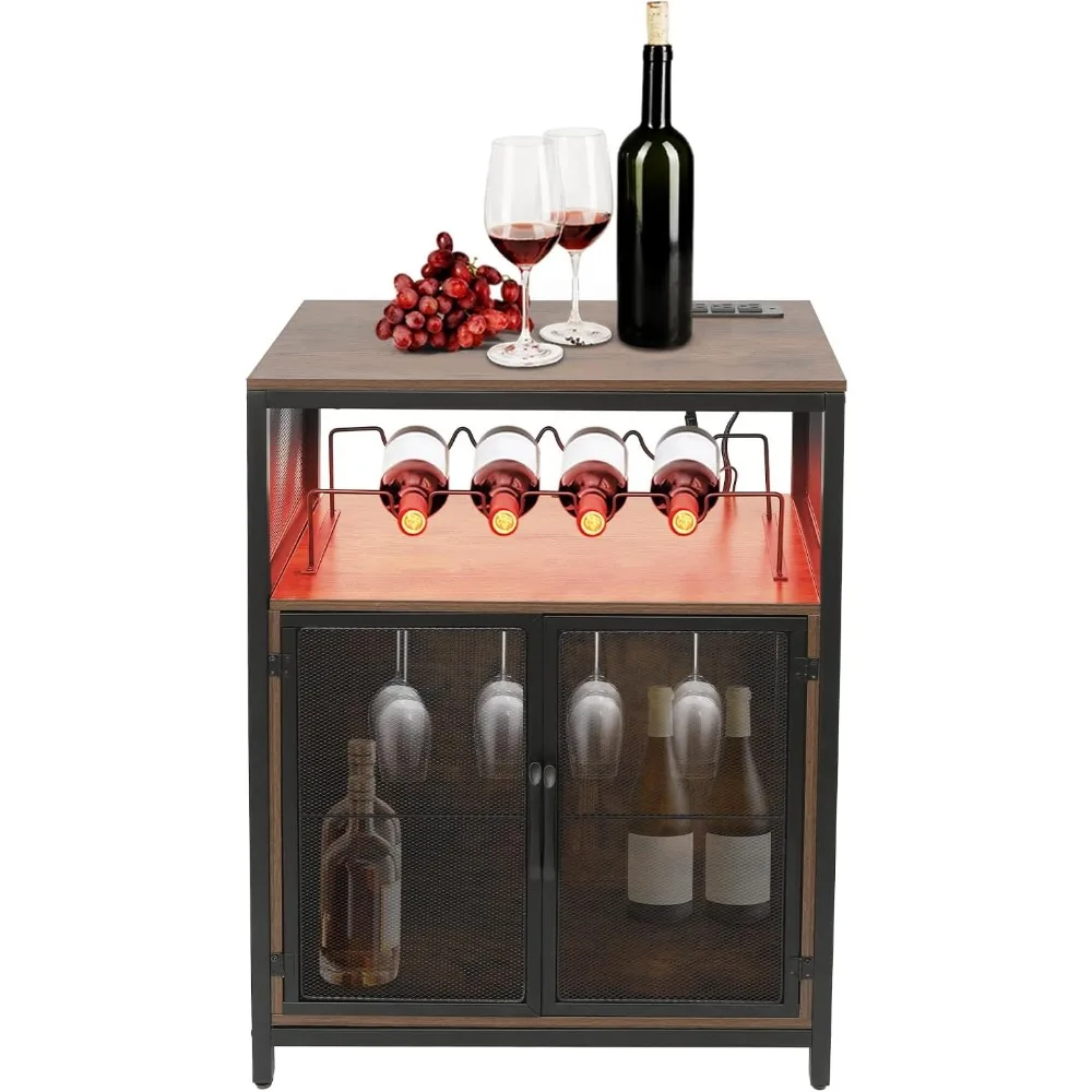

Wine Bar Cabinet with RGB Light and Outlet, Home Coffee Bar Stand with Glass Holder, Liquor Cabinet with Wine Rack, Small Sidebo