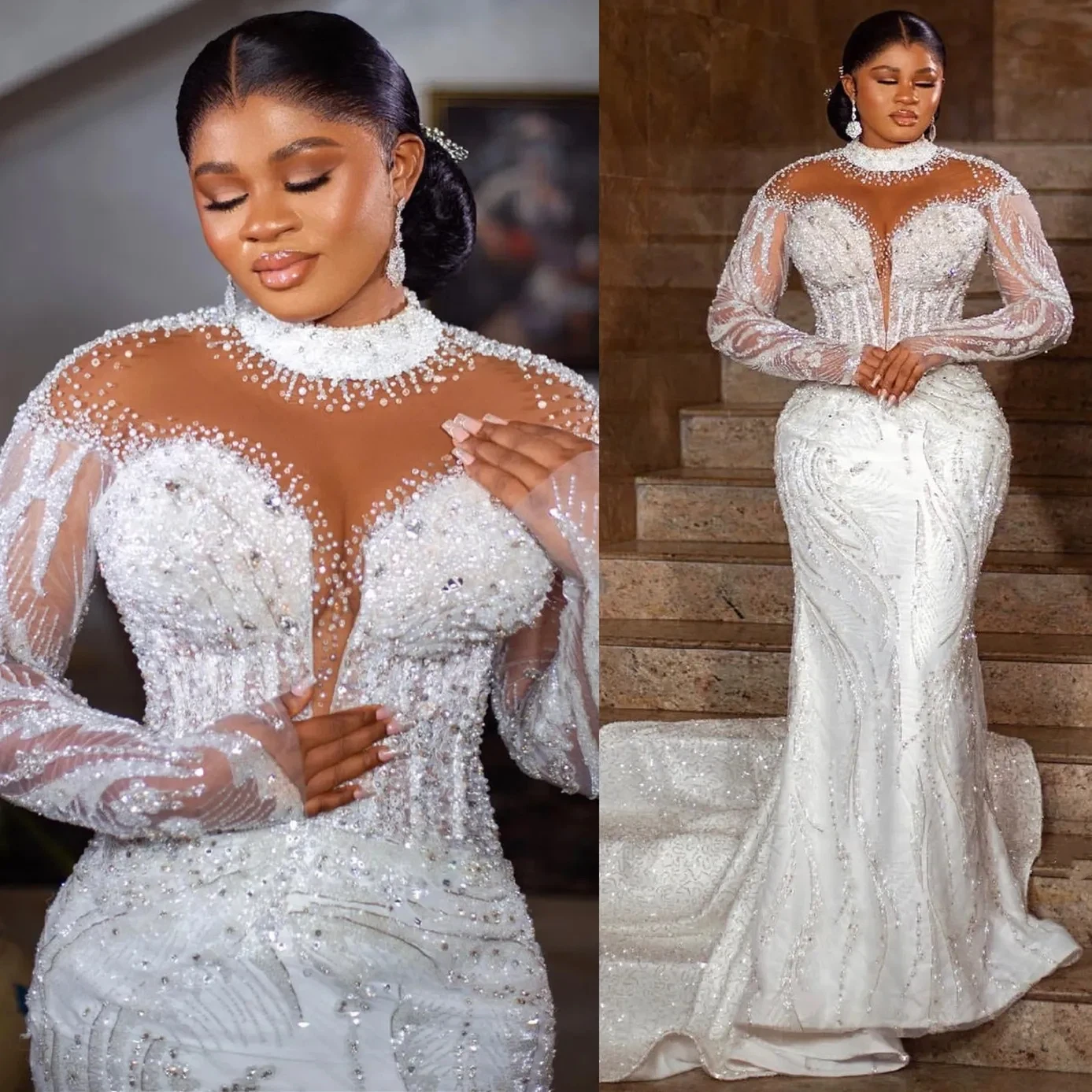 Luxury African Mermaid Wedding Dresses High Neck Long Sleeve Rhinestone Beaded Bridal Dresses Vestidos De Novia 2026 Customized