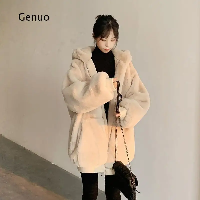 2026 Women Faux Rabbit Fur Hooded Coat Fluffy Warm Winter Outerwear Long Jacket Casual Style