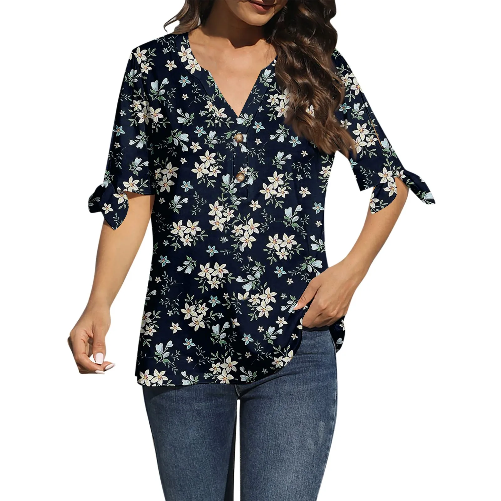 Women'S V-Neck T-Shirt Fashionable Casual Short Sleeve Cuff Tie Retro Floral Print T-Shirt Loose Elegant Button-Up Tee Tops