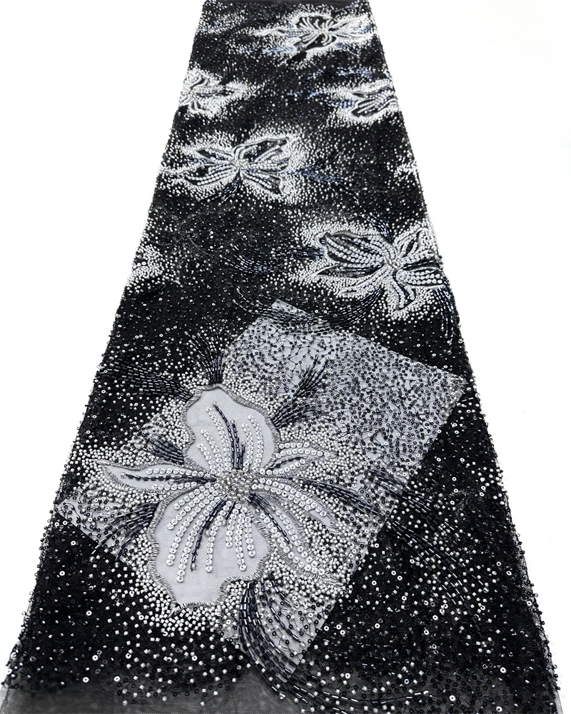 

Luxury Embroidery Net Lace Fabric with Full Beads Exquisite Handmade Design for Women's Wedding Dresses Fashionable Unique Ne