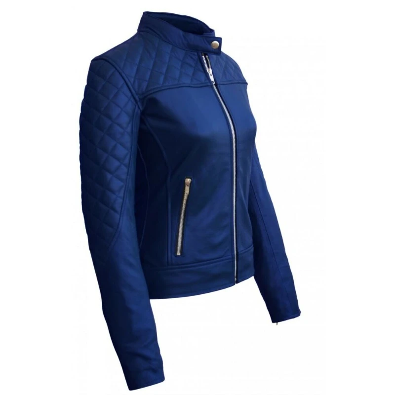 Trendy Women's Sheepskin Authentic Pure Leather Jacket Biker Blue Quilted Coat