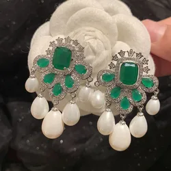 Bilincolor Fashion Green Cubic Zirconia and White Synthetic Pearl Tassel Earrings for Women