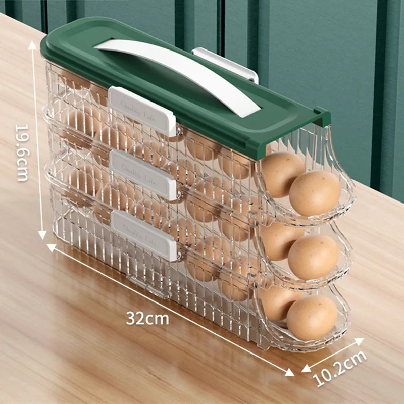 Gaveta Tipo Frigorífico Egg Storage Box, Rolagem automática, Organizador de cozinha, Organizador doméstico, Recipientes herméticos, Comida