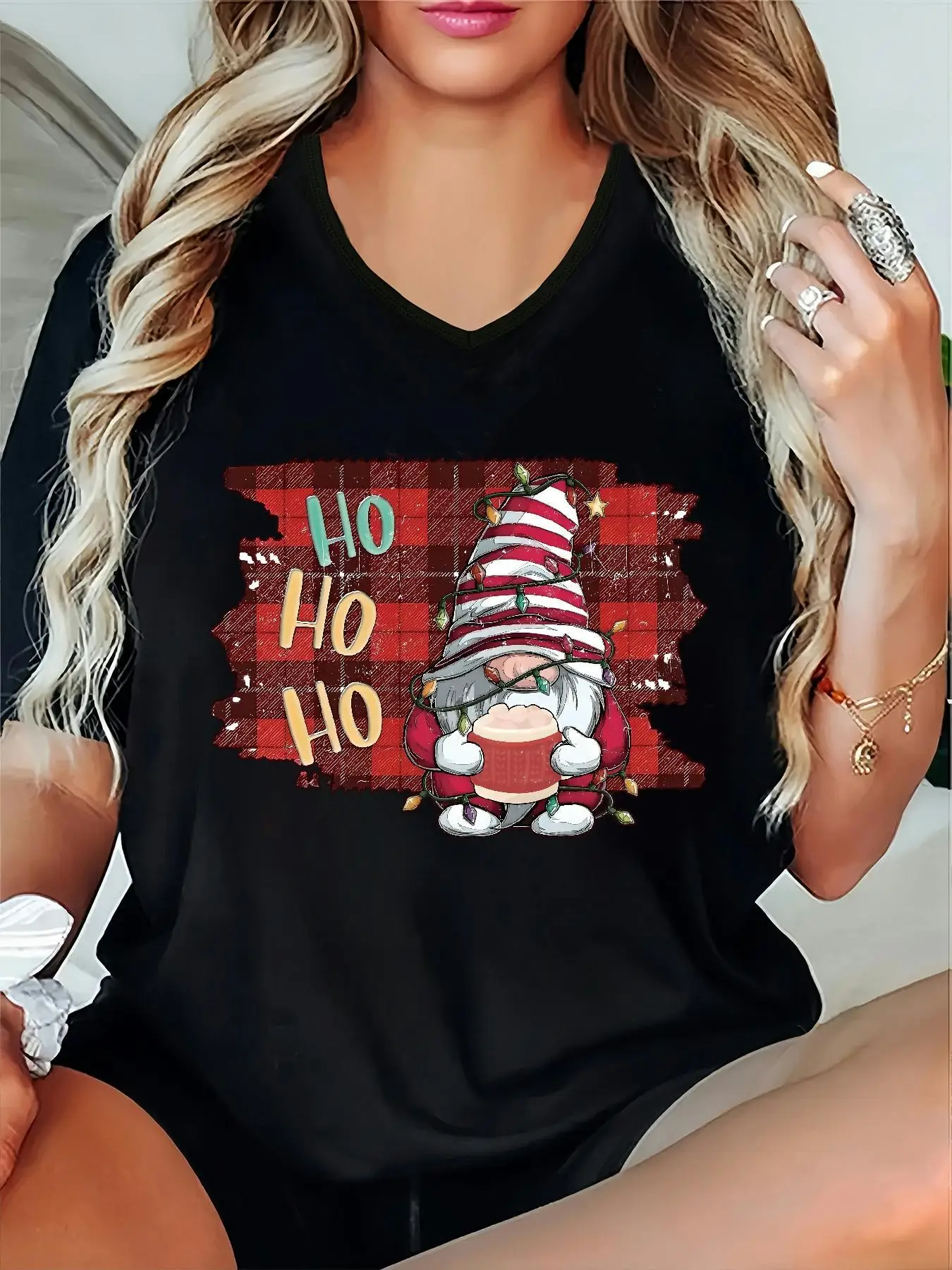 

Cartoon Santa Claus Print Women's T Shirt New Christmas Element Gifts Short Sleeve Top Harajuku Fashion New Year Female Clothing