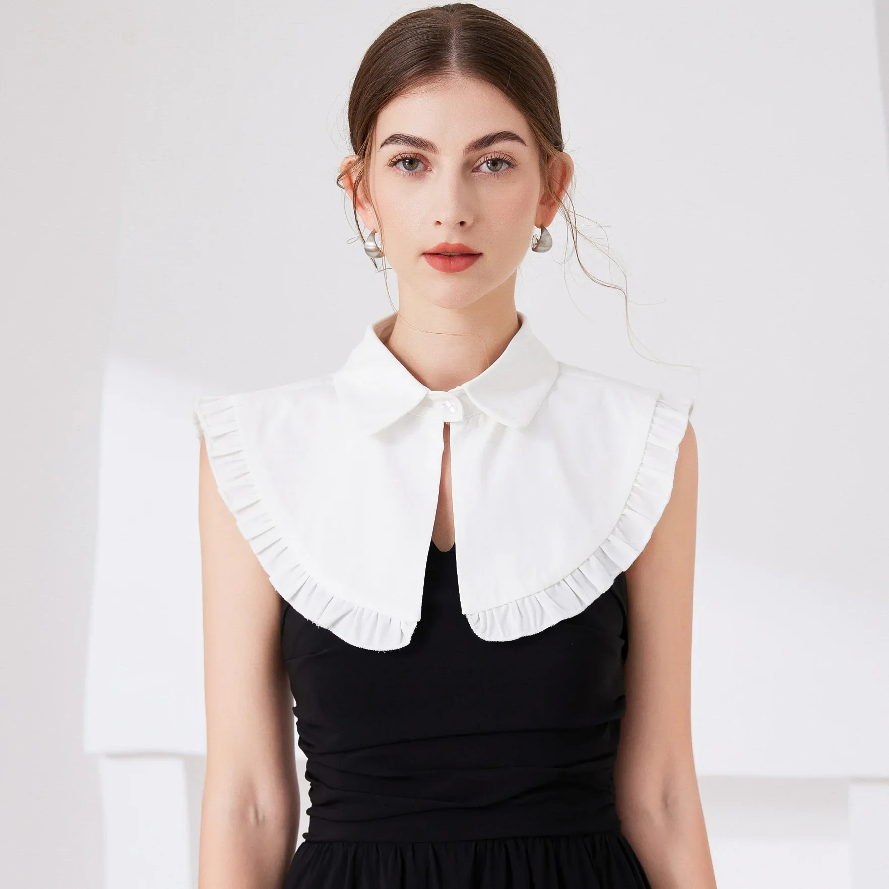 가을 여성용 라펠 가짜 칼라 숄 탑 빈티지 러플 트림 넥 케이프 여성 드레스 셔츠 탈부착 가능한 칼라