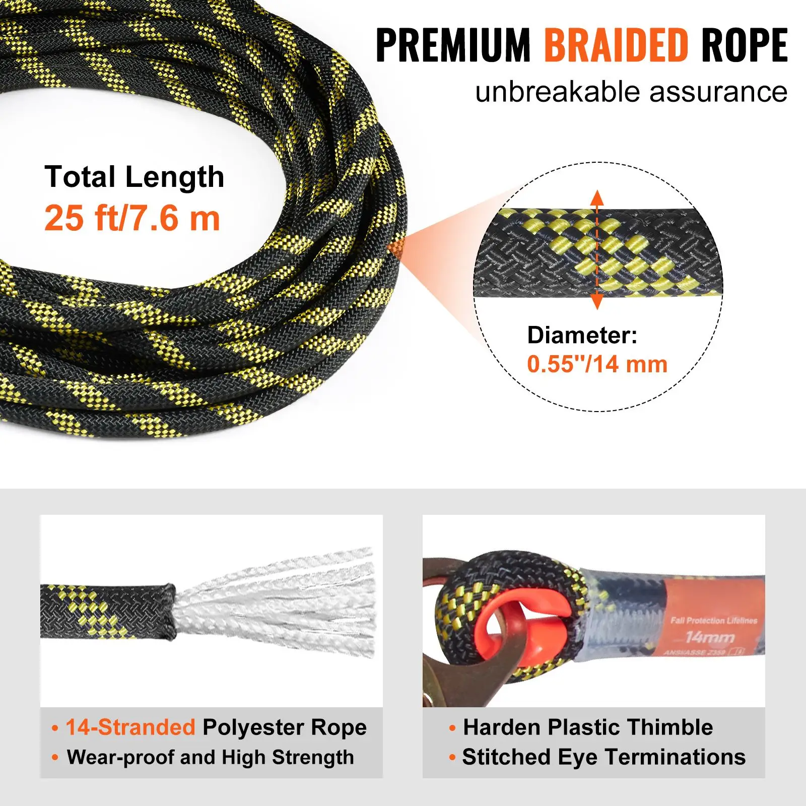 Vertical Lifeline Assembly, 0.55'' X 25' Fall Protection Rope with 30 KN Breaking Tension, Polyester Roofing Rope with Steel