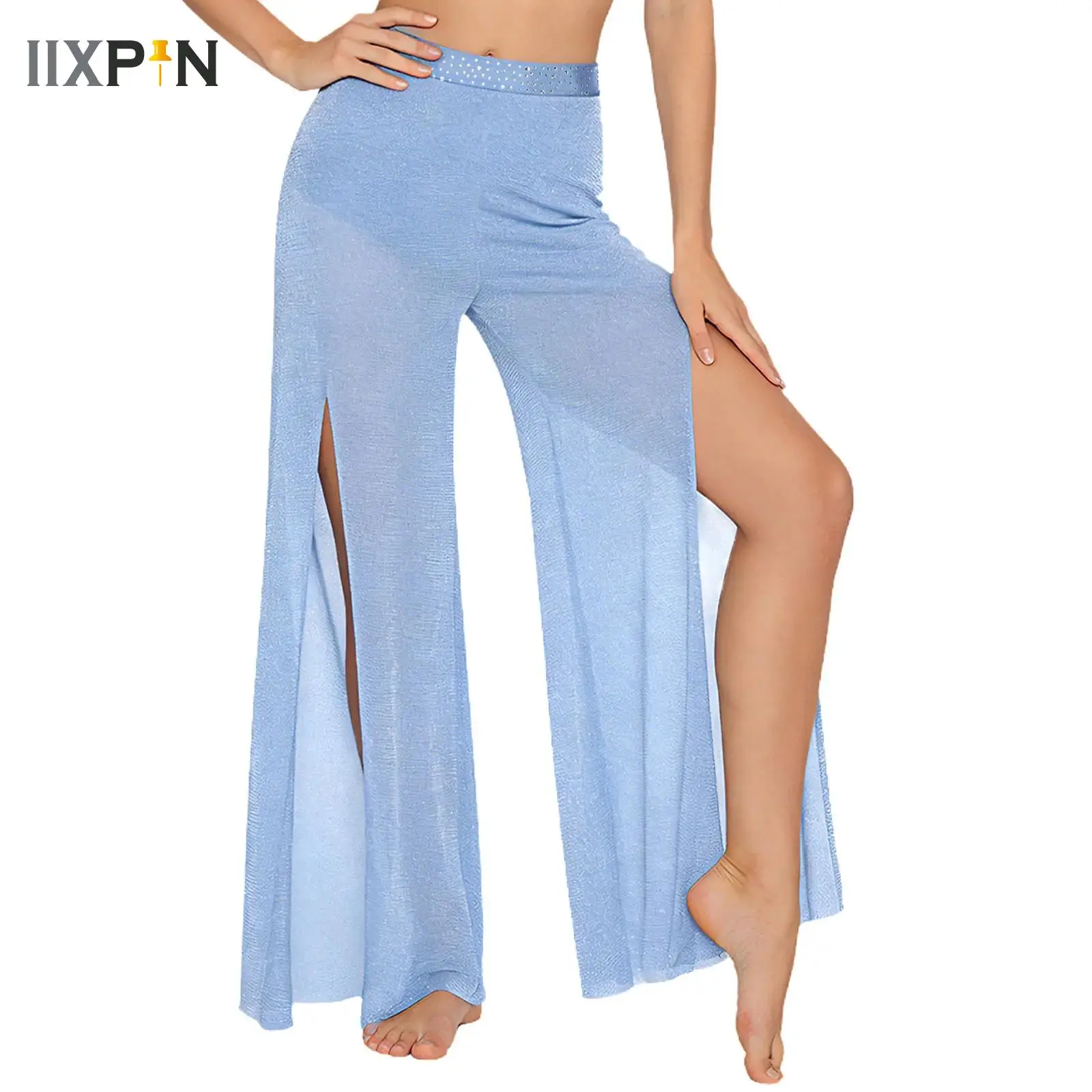 Womens Chinese Ethnic Dance Pants Rhinestone Waist Shimmering Mesh Wide Leg Pants Classical Dance Performance Training Clothes