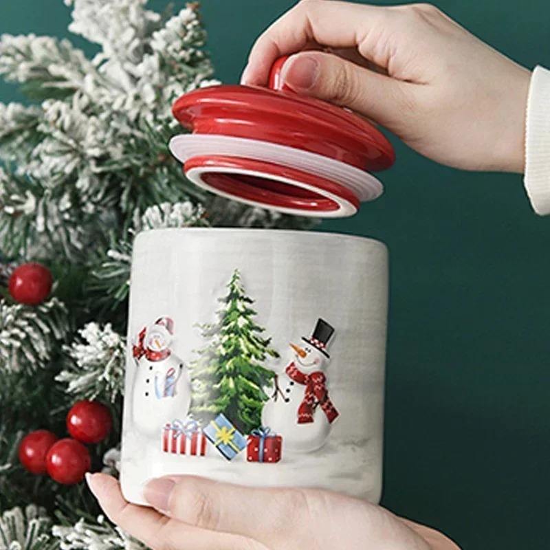 Christmas Snowman Porcelain Jar Creative Large Round Sealed Food Container Ceramic Snack Cookies Storage Kitchen Tools for Gifts