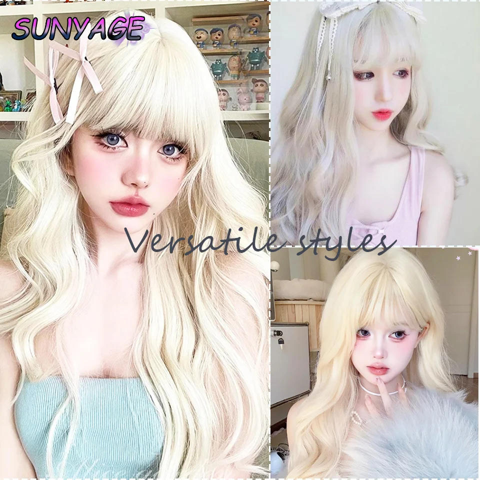 SUNYAGE Lolita Wig sintetik warna putih sorot emas dengan poni Wig rambut bergelombang alami panjang untuk penggunaan sehari-hari wanita tahan panas