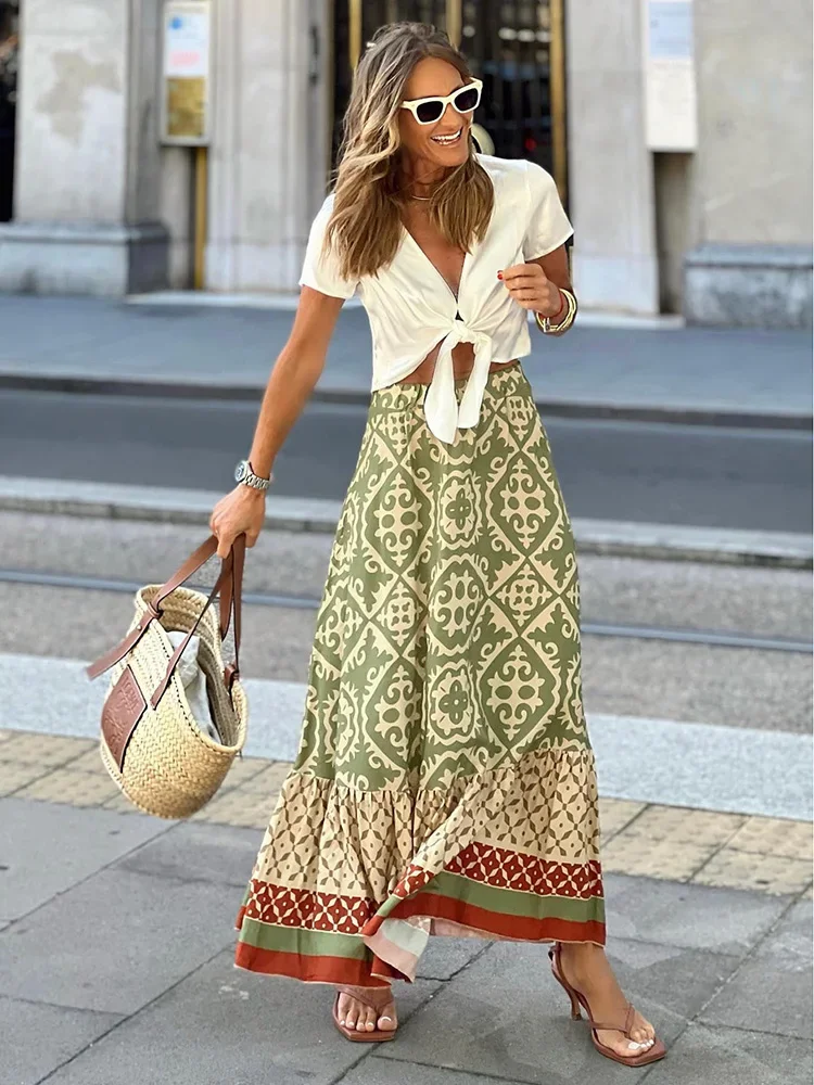 Geometric Print Vintage A-line Maxi Summer Skirt Waist Elastic Long Casual Women Faldas Mujer Spring Boho Beach Skirt