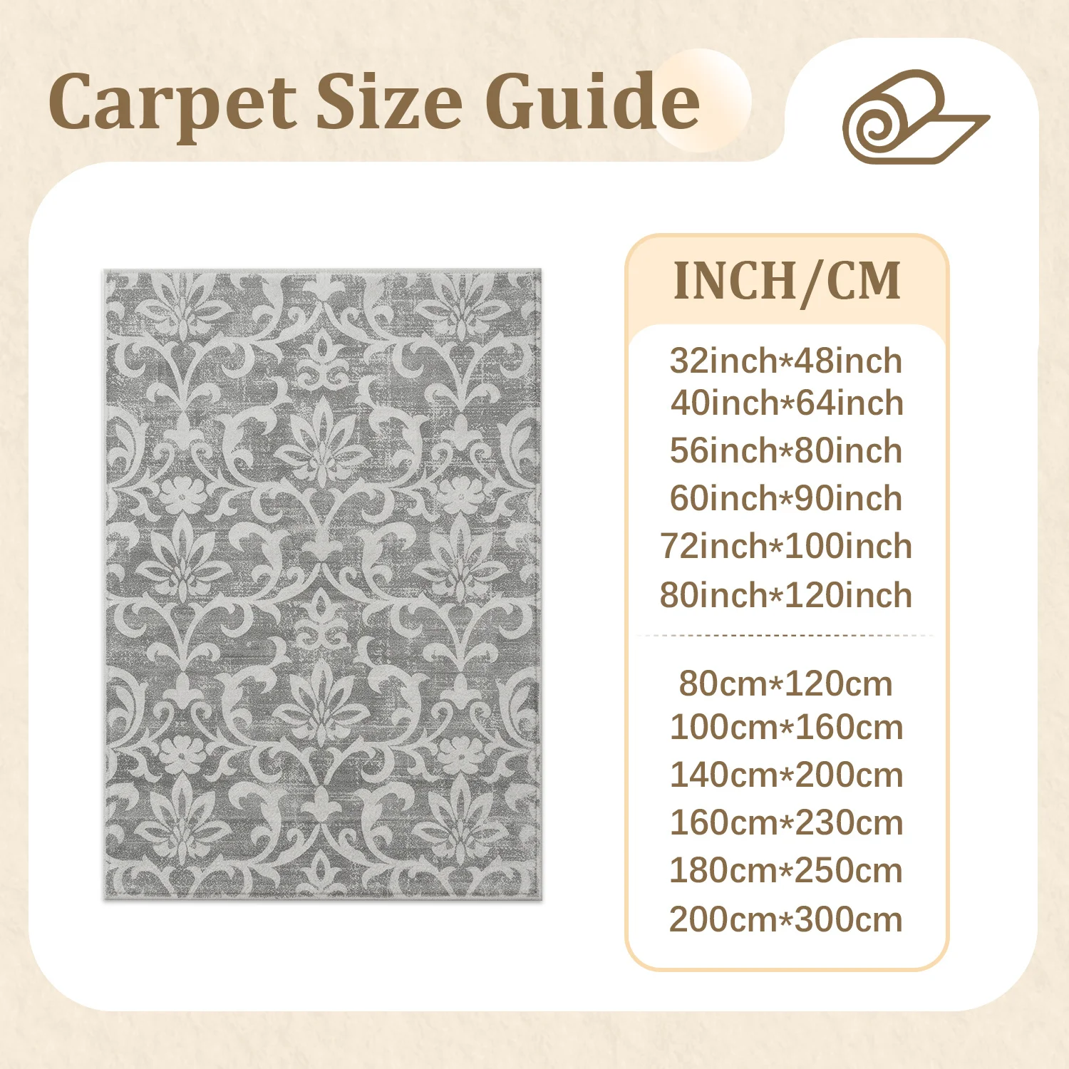 Large Indoor Area Rug, Soft Velvet Low Pile Rug with Non-slip Dotted Backing & Machine Washable, Gray Vintage Floral Vine Scroll Pattern for Living Room, Bedroom, Dining Room