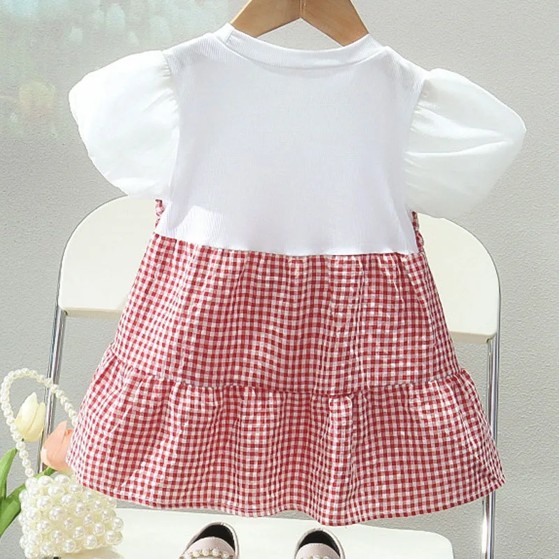 Verão Criança Menina Vestido Puff Manga Princesa Vestido Aniversário Traje Festa Roupa Infantil Flor Plaid Baby Girl Roupas A1082