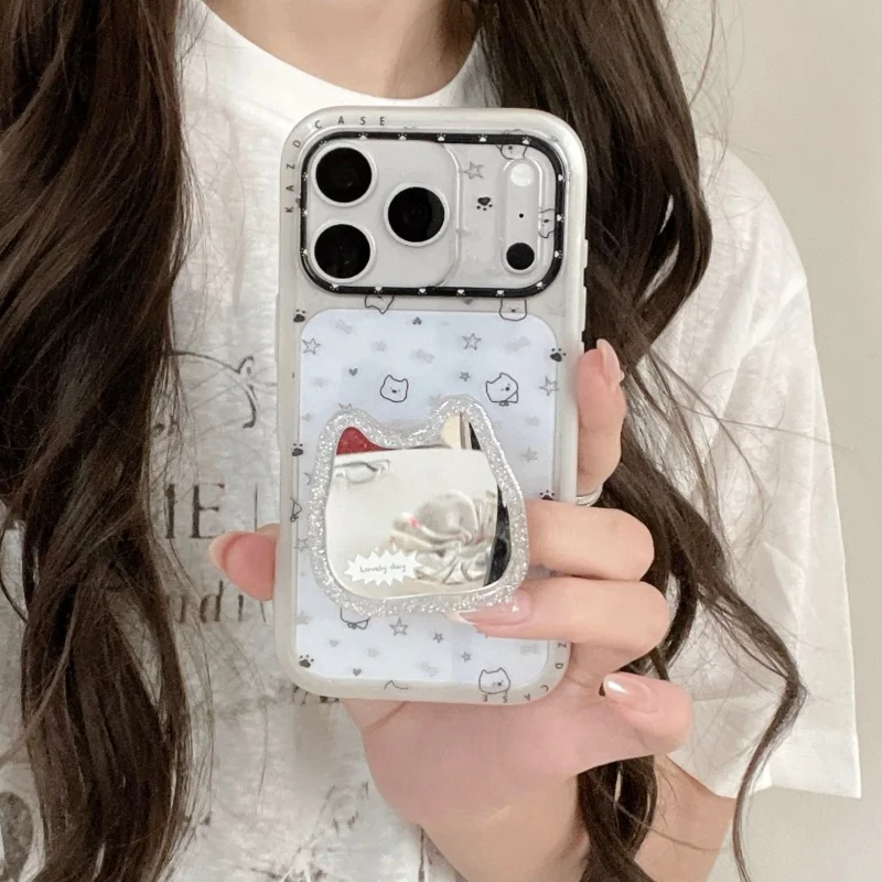 

Clear Cute Star Puppy Phone Case For iPhone 17 Pro 16 15 Pro Max Cover with Mirror Bear Stand Fashion Cartoon Protective Cases C