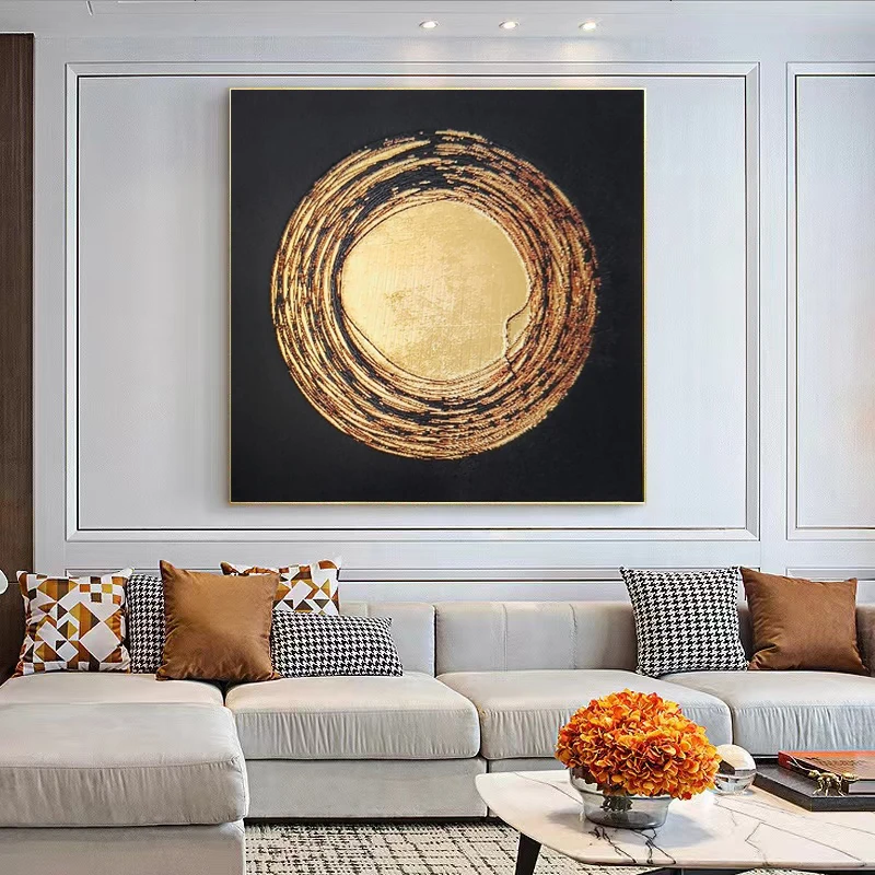 Original Hand-Painted Canvas Oil Painting, Black Background Golden Swirl Abstract Art, Textured Luxury Geometric Wall Artwork