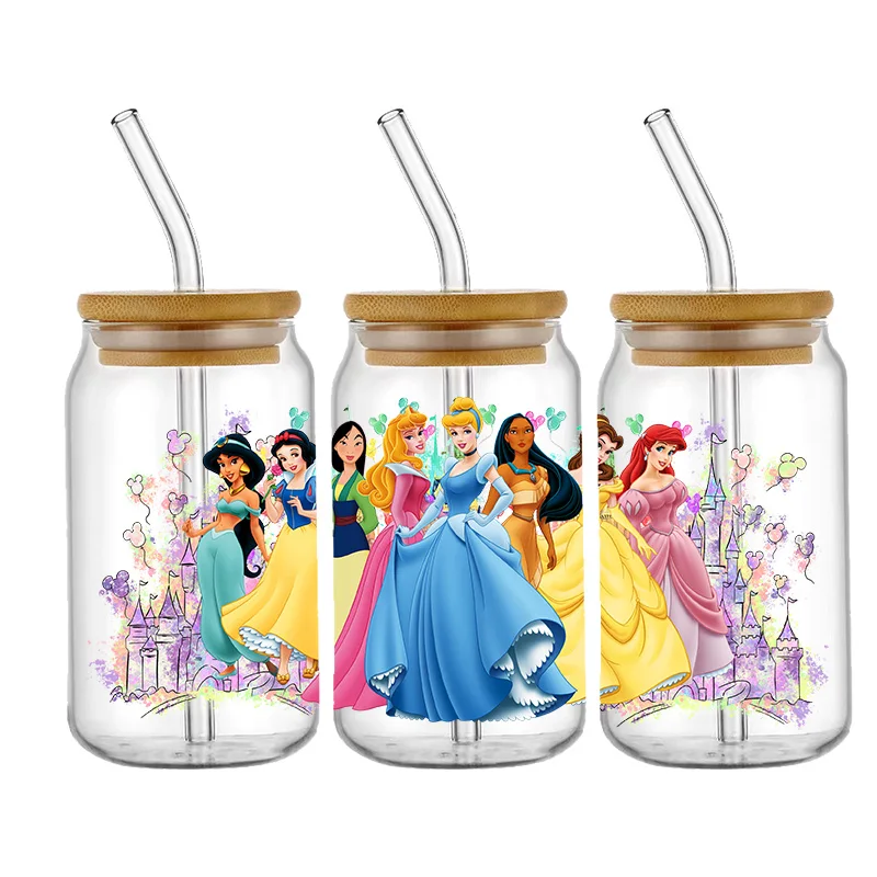 Disney Princess 16oz Libbey UV DTF Glass Can Wrap Cartoon Movie Magical Glass Can Design Princess Tumbler Wrap