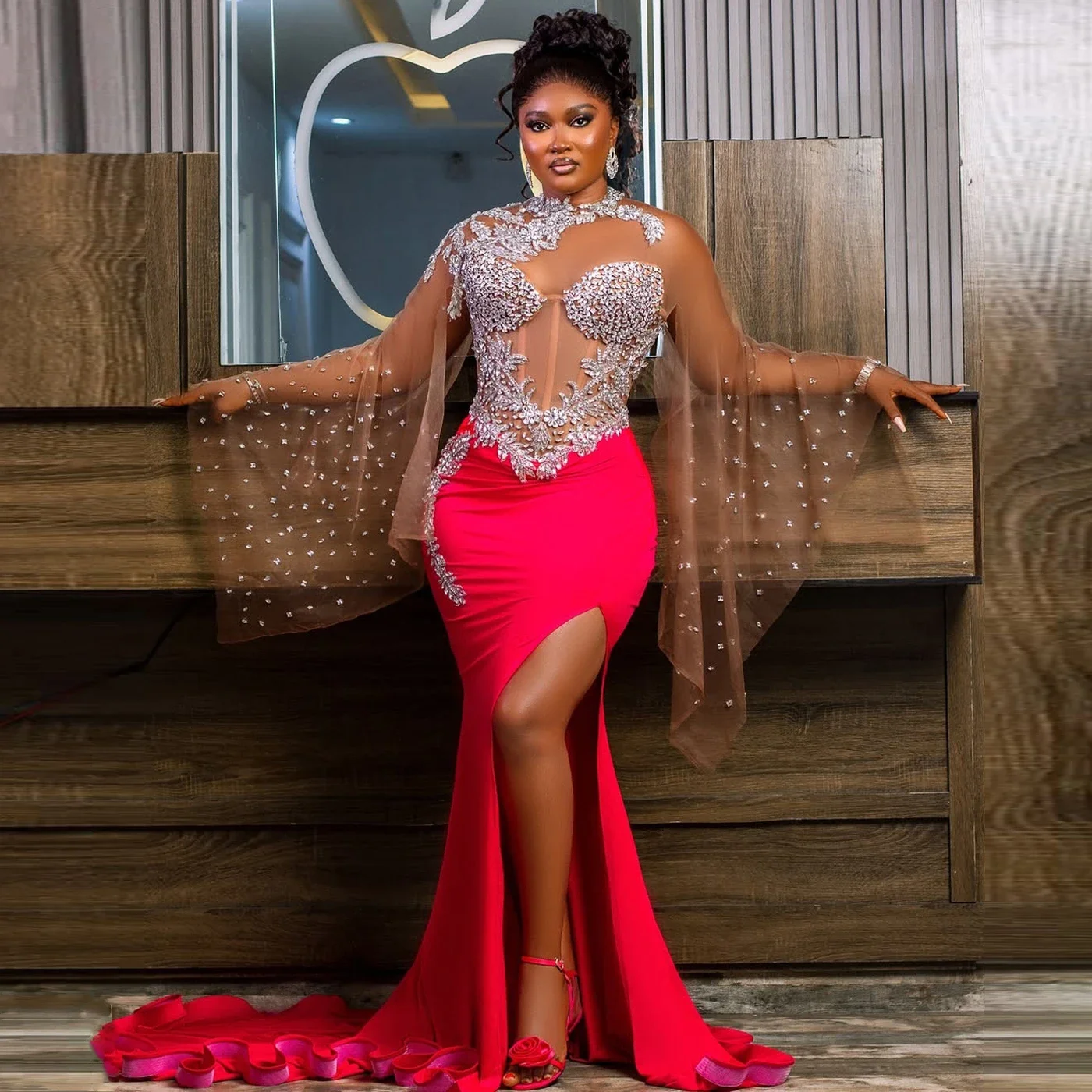 Rosa Meerjungfrau Abendkleid Afrikanisches Schwarzes Mädchen Blase Ärmel Hohe Taille Partykleid Spitze Perlen Hochzeitskleid Maßgeschneidert