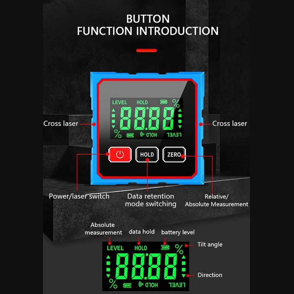 Elektronische digitale hoekdipèremeter Gradiëntmeting Dual Cross Level Gradenboog Inclinometer Niveaumeter Vierzijdige hoekmeter