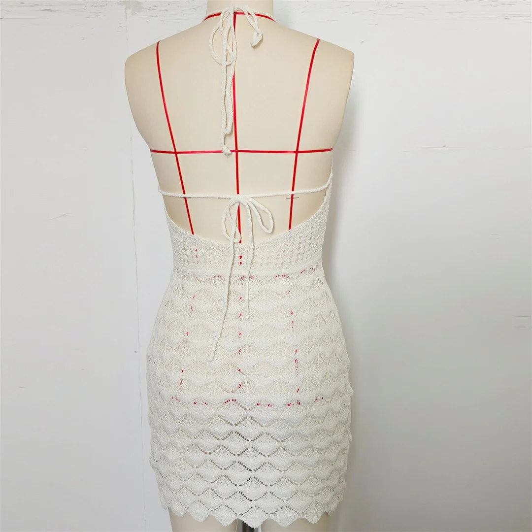 V-Ausschnitt, halterneck, rückenfrei, einfarbig, gehäkelt, gestrickt, Tunika, Strandkleid, Strandmode, Damen V8516 – Detail 11