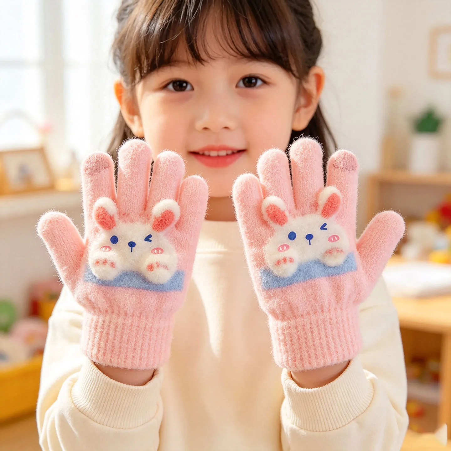 Neue Winter-3D-Cartoon-Hasen-Handschuhe für Mädchen und Jungen, Weiche Gestrickte Elastische Manschette, Warme Winddichte Kleinkinder-Handschuhe, Kinder-Accessoires – Detail 2