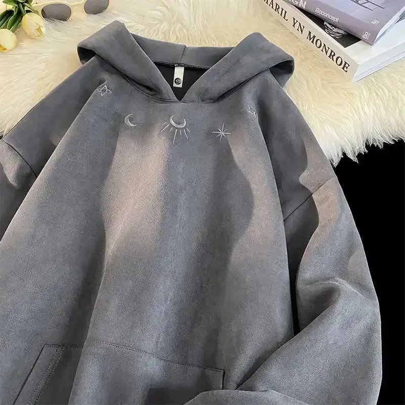 Moon God American Style Retro Drawstring Hooded Sweater Eye-catching Interesting Autumn and Winter Loose Trend Solid Color Top