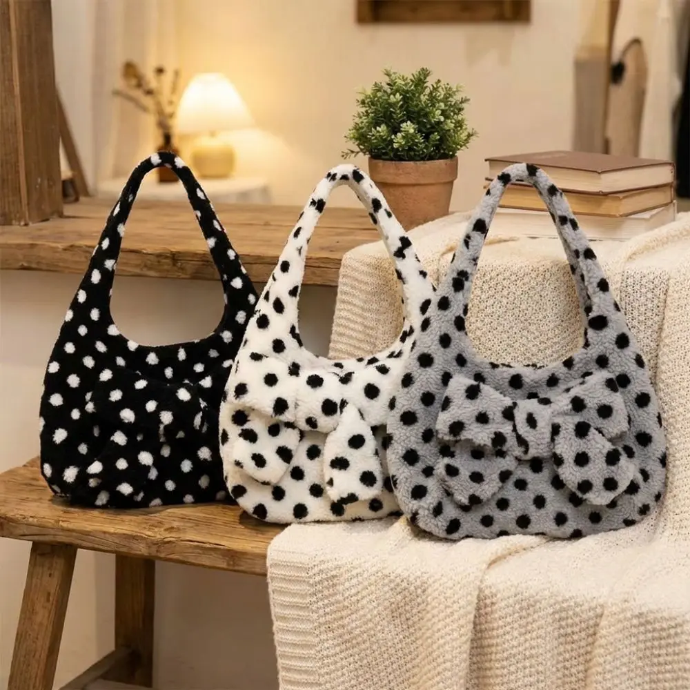 

Женская сумка через плечо в горошек, тканевая пушистая сумка-тоут для повседневного использования, с бантом, простая повседневная сумка для женщин и девушек