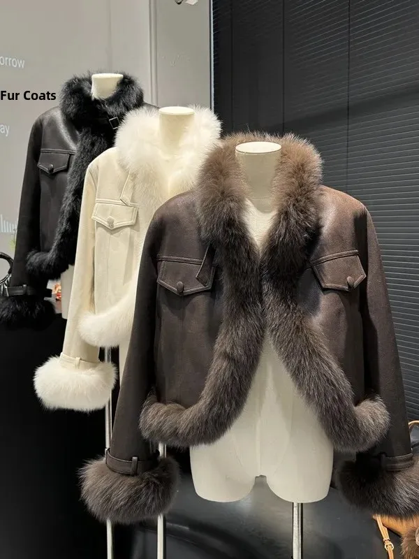 

Women's ort Suede Jaet Fur Trim Spring Autumn New Sle Eco-friendly Cosite Fur Outerwear Warm Commute Sle