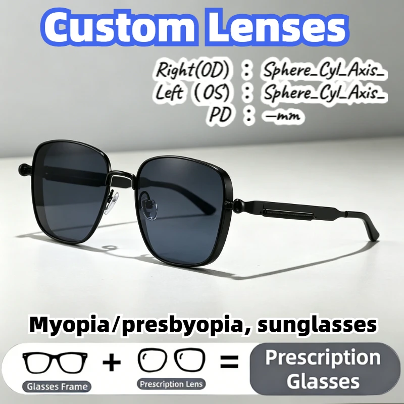 

Custom Prescription Sunglasses Lenses Myopia Presbyopia Eyeglasses Metal Square Frame Customizable Sphere Cyl Axis PD for Unisex