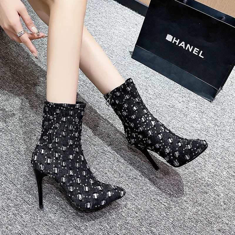 Women High Heels Ankle Boots Winter New Shoes Bling Canvas Pointed Toe Stiletto Designer Woman 2025 Trend Chelsea Botas Pumps