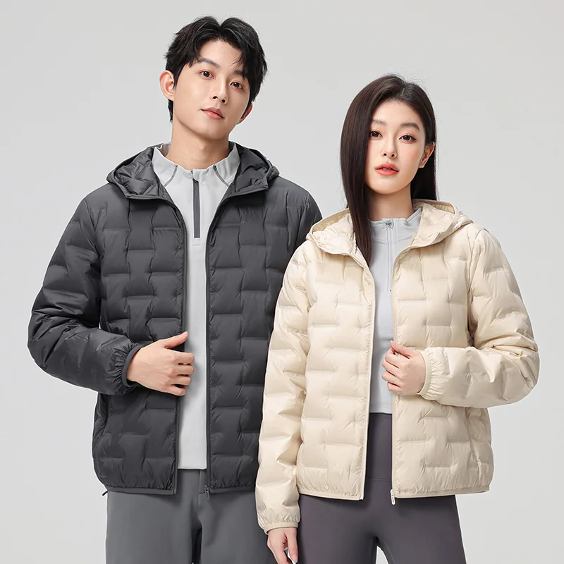 Men Women Lightweight Down Jacket, Outdoor Sports Hooded Puffer Coat, Fleece Lined Warm Parka