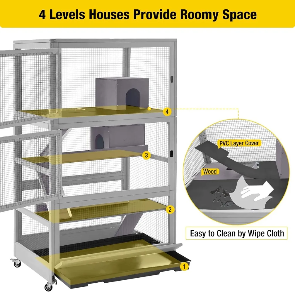 Chinchilla Cage Large Rolling Small Animal Cage for Adult Rats 4 Level Critter Nation Cage Hutch for Ferret Bunny Indoor