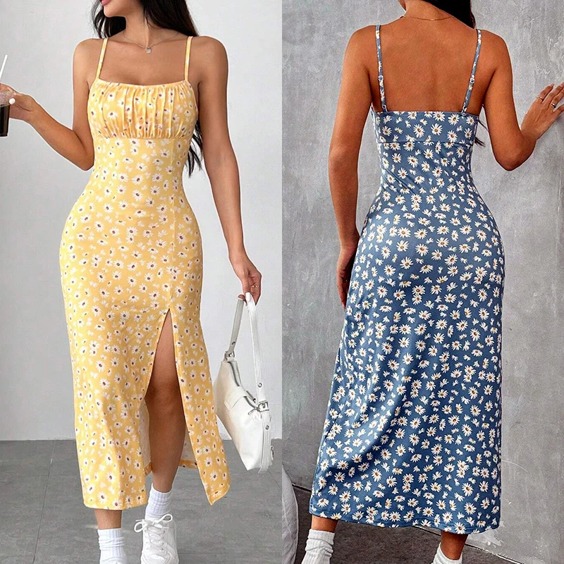 

2025 Summer Dress Elegant Floral Beach Holiday Dress Young Girl Street Dress Sexy Casual Split Dress Vestidos Elegantes Y2k