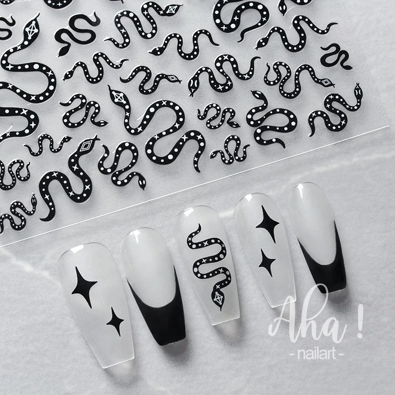 Adhesive stickers with European and American style cross snake black and white wave dot hot silver line letter nail stickers