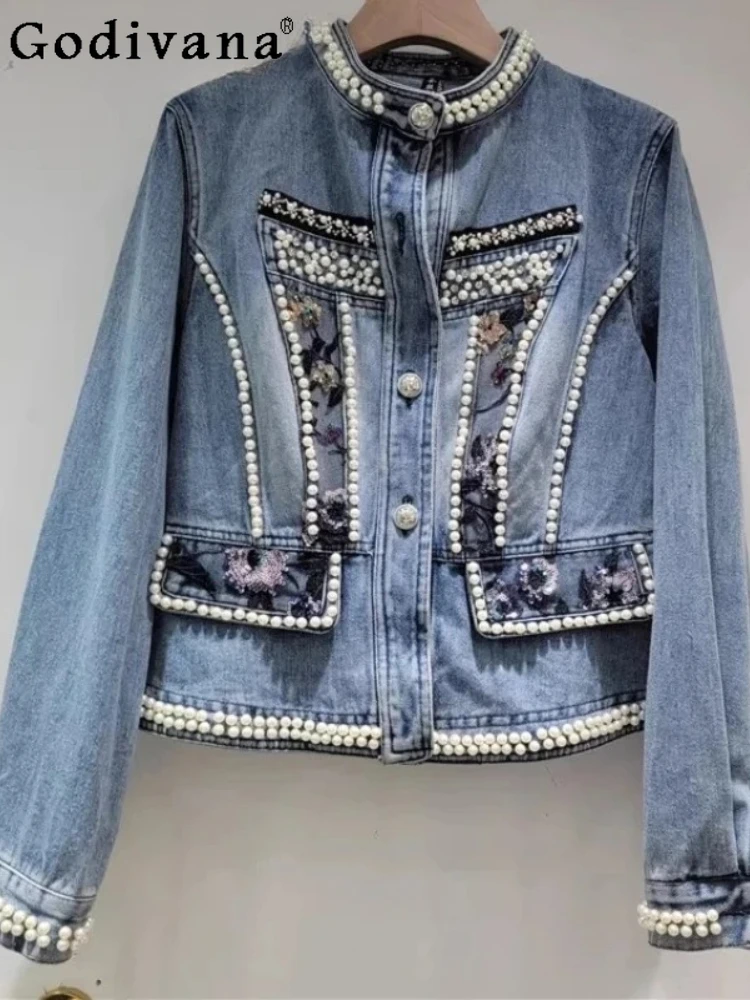 2025 Autumn New Heavy Industry Beaded Long-sleeved Denim Jacket Women's Loose Fashion Blue Versatile Short Turn-down Collar Top