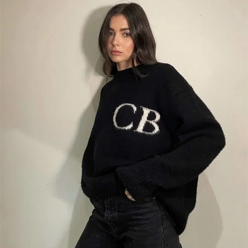 25ss ponadgabarytowe logo CB wełniany sweter najwyższej jakości CB żakardowe wycięcie pod szyją męskie swetry z dzianiny Casual damskie czarne bluzy