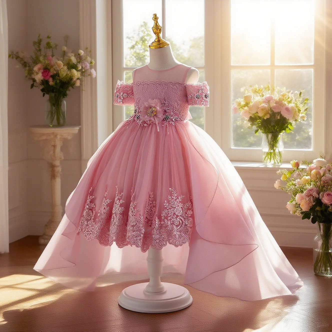 

Kids girls' elegant dress with unique design and train beaded embroidered dress suitable for travel photo taking