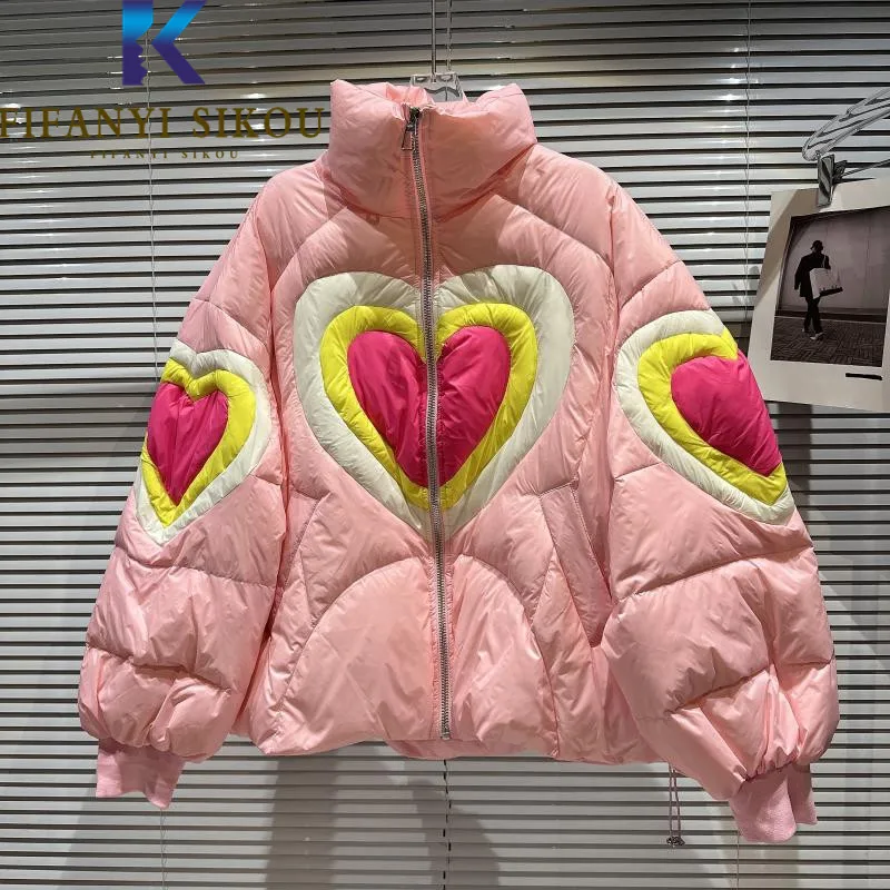 Heart-Shaped Print Down Jacket Women High Quality Parkas Spliced Fashion Couples Cotton Coat Thick Warm Winter Jacket Female