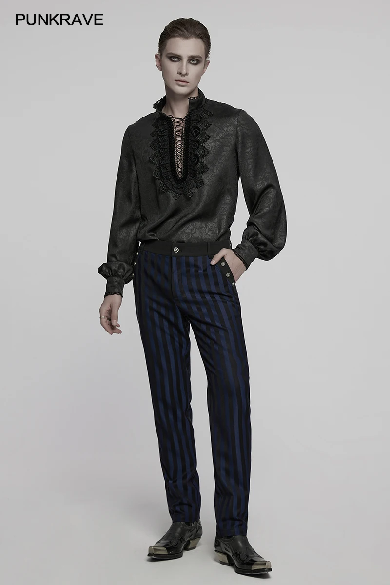 PUNK RAVE メンズ ゴス スタンドアップカラー ダークローズ柄シャツ エレガントなレースフロント ドローストリングデザイン 絶妙な感触のトップス