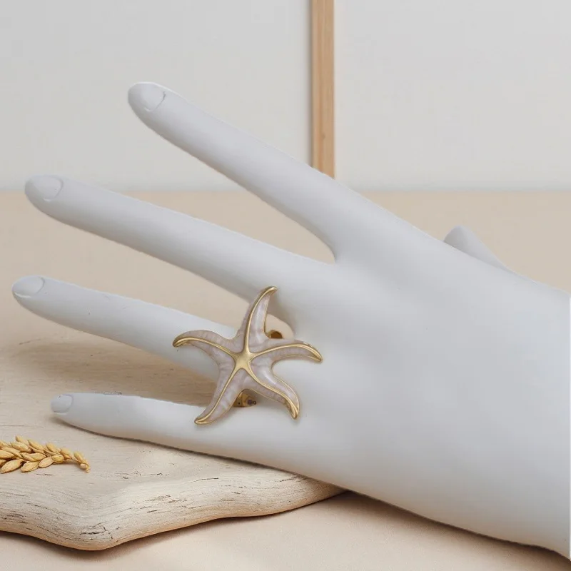 خاتم نجم البحر الفاخر الخفيف، خاتم مفتوح على شكل نجمة خماسية من الفولاذ المقاوم للصدأ للسيدات، خاتم إصبع السبابة غير المنتظم باللون الذهبي البسيط، Mar