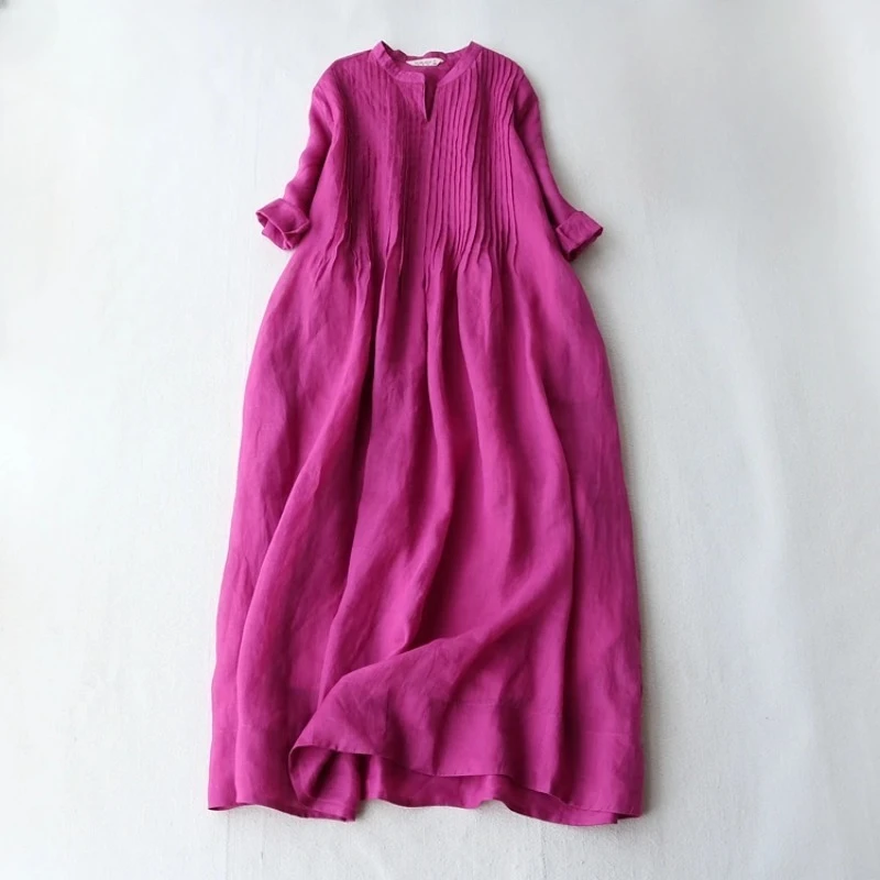 

2023 Summer New Ladies Cotton Linen Dress Fashion Women's Thin Ramie Elegant Organ Pleated Loose Flowy Short Sleeve Dress