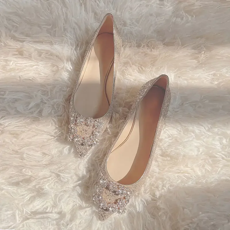 2024 Fashion Shoes Women Flats Rhinestone Pointed toe Gold Pink Silver Modern Ladies Ballet Flat Shoes Plus Size 42 D112