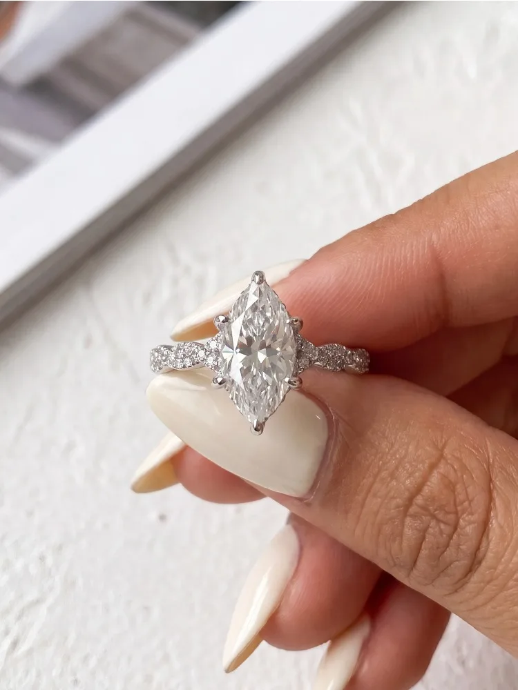 925 Sterling Silber Modischer Echter 2CT Marquise Moissanit Diamant Ehering Verlobungsringe für Frauen Geschenk Edle Schmuckstücke – Detail 4