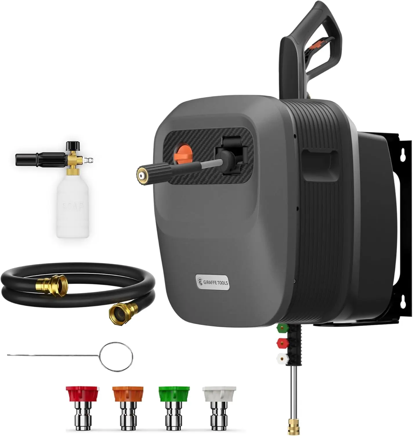 

Wall Mount Pressure Washer with 180°Rotating Bracket, 65ft Retractable Ultra-soft Pressure Hoses,4 Nozzles, Foam Cannon,Silver