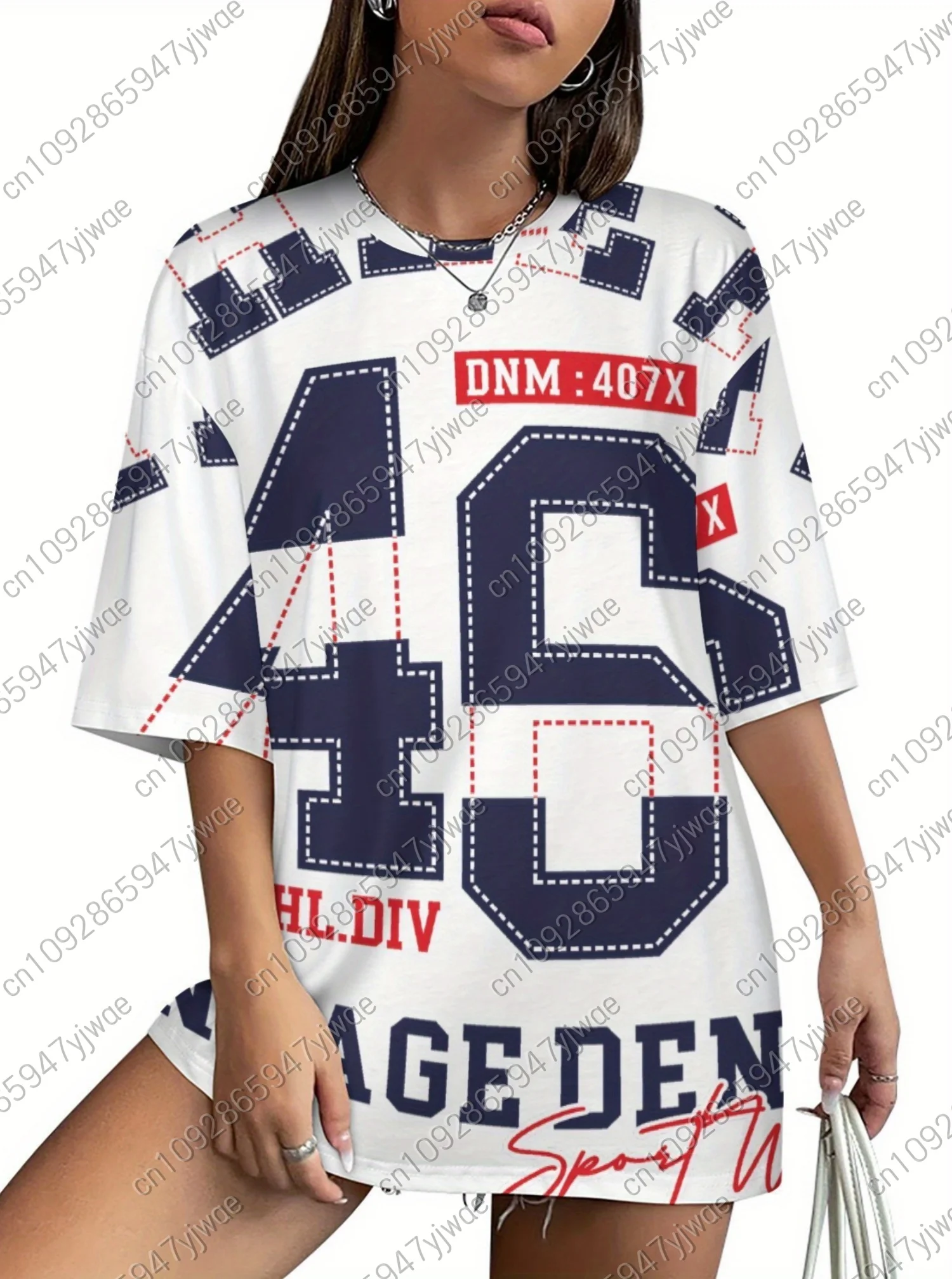 Novedad en la moda para mujer, camiseta Digital 3D digital 46 con estampado de manga corta y cuello redondo, camiseta deportiva de gran tamaño para verano