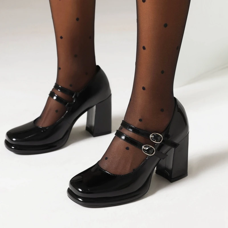 Women\'s Block High Heels Mary Janes Shoes 2025 Strap Dress Pumps Black White Block Heeled Wedding Office Shoes Female Large Size